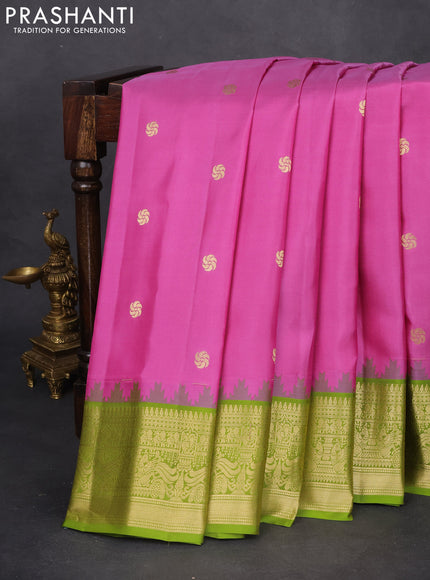 Pure gadwal silk saree mauve pink and light green with zari woven buttas and temple design zari woven border