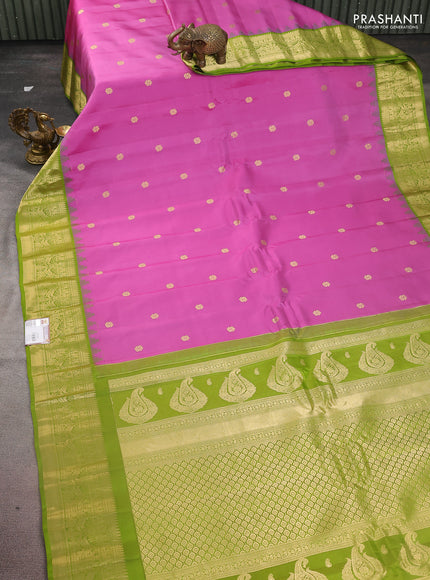 Pure gadwal silk saree mauve pink and light green with zari woven buttas and temple design zari woven border