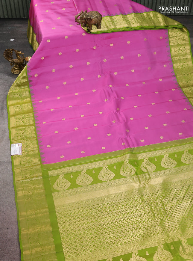 Pure gadwal silk saree mauve pink and light green with zari woven buttas and temple design zari woven border