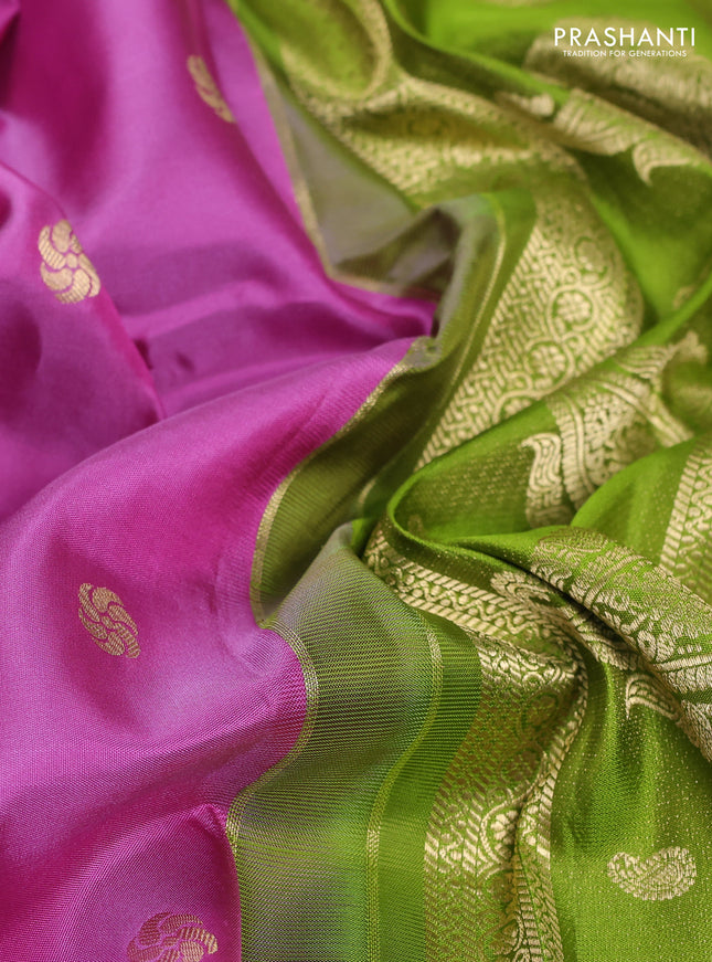 Pure gadwal silk saree mauve pink and light green with zari woven buttas and temple design zari woven border