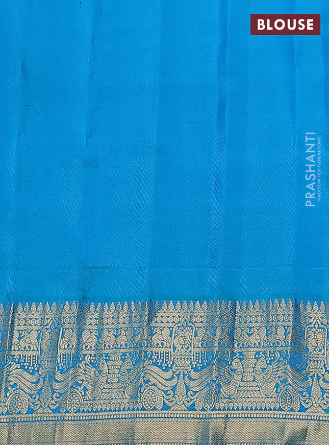 Pure gadwal silk saree light green and cs blue with annam zari woven buttas and temple design zari woven border