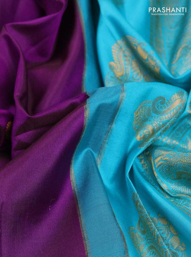 Pure gadwal silk saree purple and teal blue with zari woven buttas and temple design zari woven border