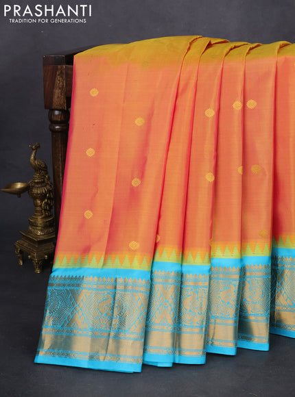 Pure gadwal silk saree dual shade of mustard and teal blue with zari woven buttas and temple design zari woven border