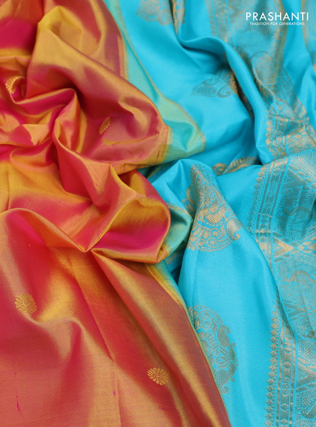 Pure gadwal silk saree dual shade of mustard and teal blue with zari woven buttas and temple design zari woven border