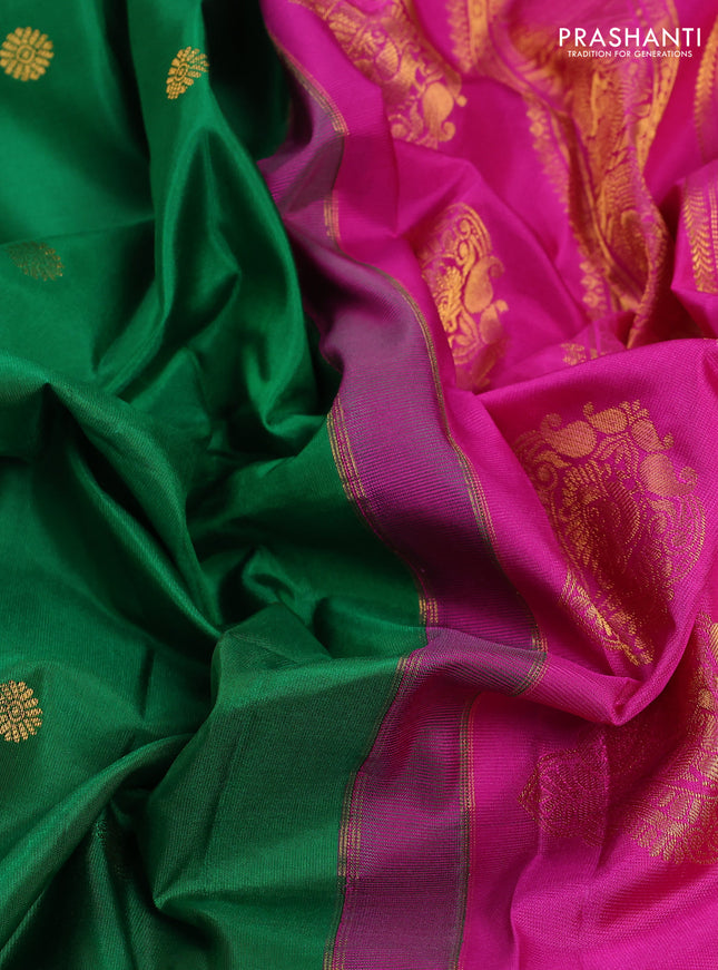 Pure gadwal silk saree green and pink with zari woven buttas and temple design zari woven border