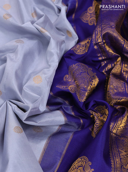 Pure gadwal silk saree grey and dark blue with zari woven buttas and temple design zari woven border