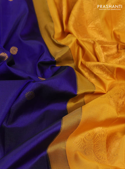 Pure gadwal silk saree dark blue and mustard yellow with zari woven buttas and temple design zari woven border