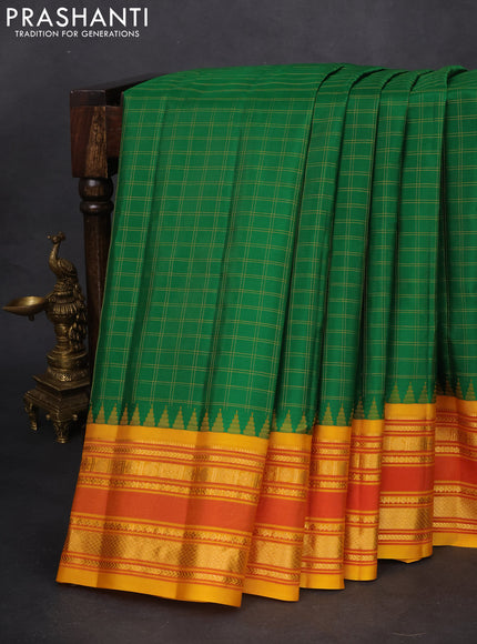 Pure gadwal silk saree green and dark mustard with allover checked pattern and temple design zari woven border