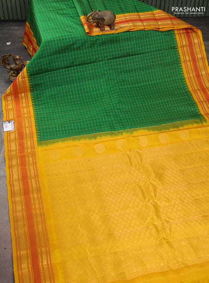 Pure gadwal silk saree green and dark mustard with allover checked pattern and temple design zari woven border