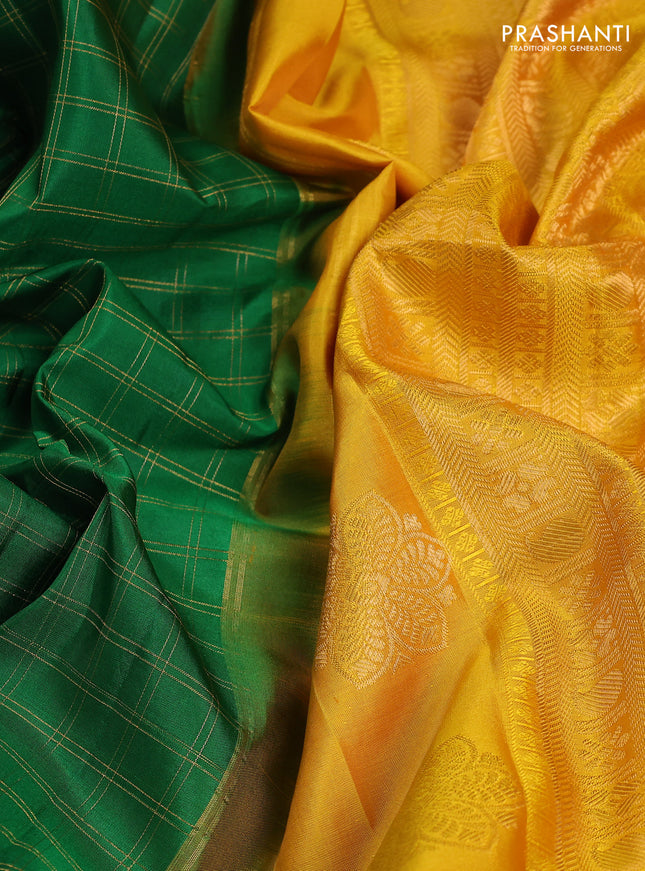 Pure gadwal silk saree green and dark mustard with allover checked pattern and temple design zari woven border