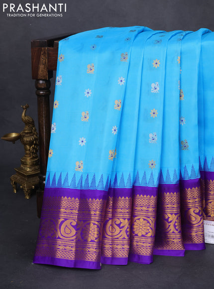 Pure gadwal silk saree light blue and blue with silver & gold zari woven buttas and temple design zari woven border
