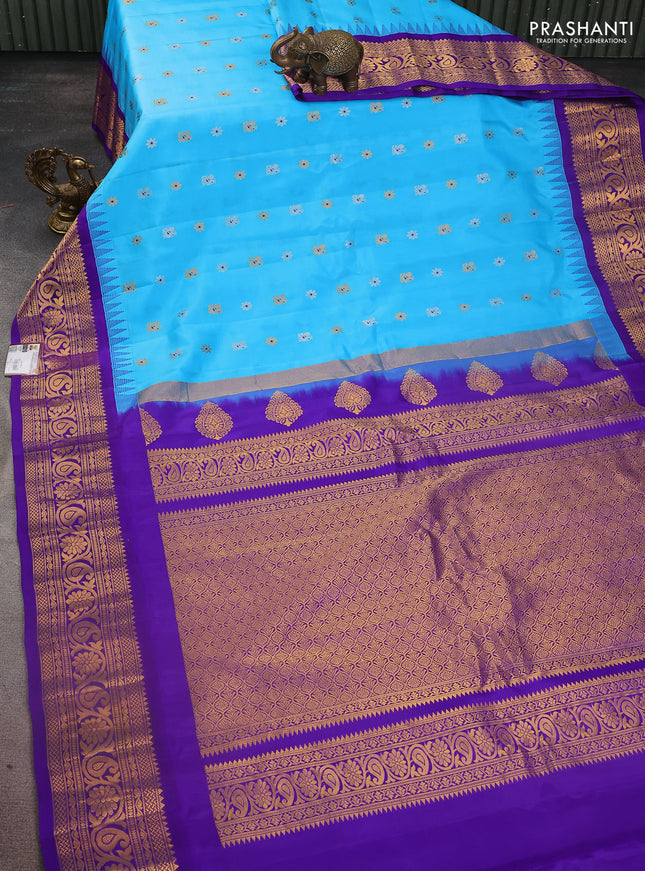Pure gadwal silk saree light blue and blue with silver & gold zari woven buttas and temple design zari woven border