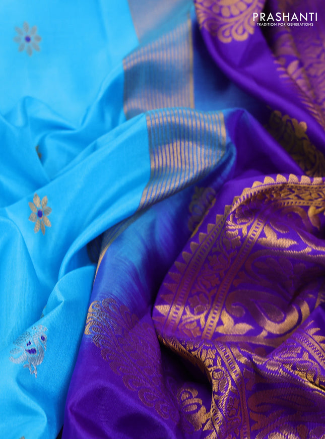 Pure gadwal silk saree light blue and blue with silver & gold zari woven buttas and temple design zari woven border
