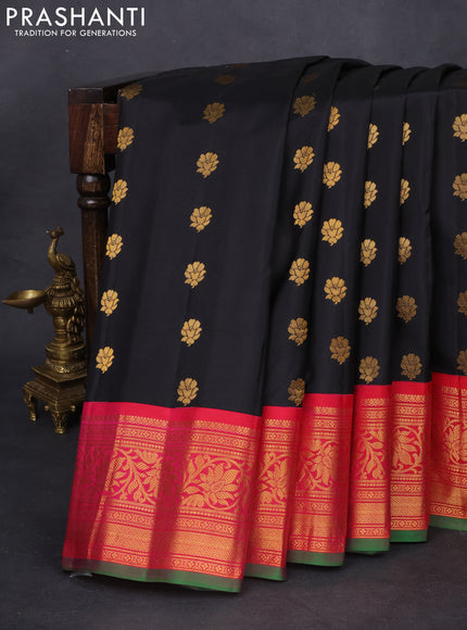 Pure gadwal silk saree black and pink with floral zari woven buttas and zari woven korvai border