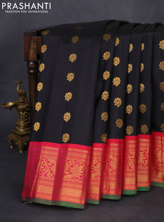 Pure gadwal silk saree black and pink with floral zari woven buttas and zari woven korvai border
