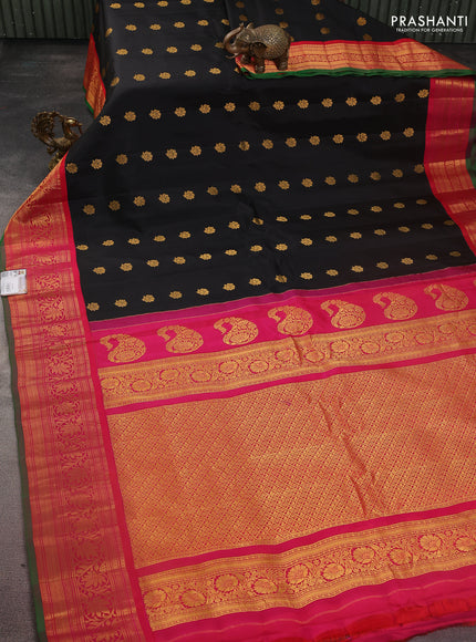 Pure gadwal silk saree black and pink with floral zari woven buttas and zari woven korvai border