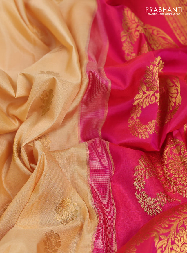 Pure gadwal silk saree sandal and purple with floral zari woven buttas and zari woven korvai border