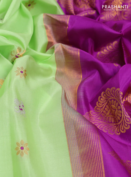 Pure gadwal silk saree pista green and purple with silver & gold zari woven buttas and temple design zari woven border