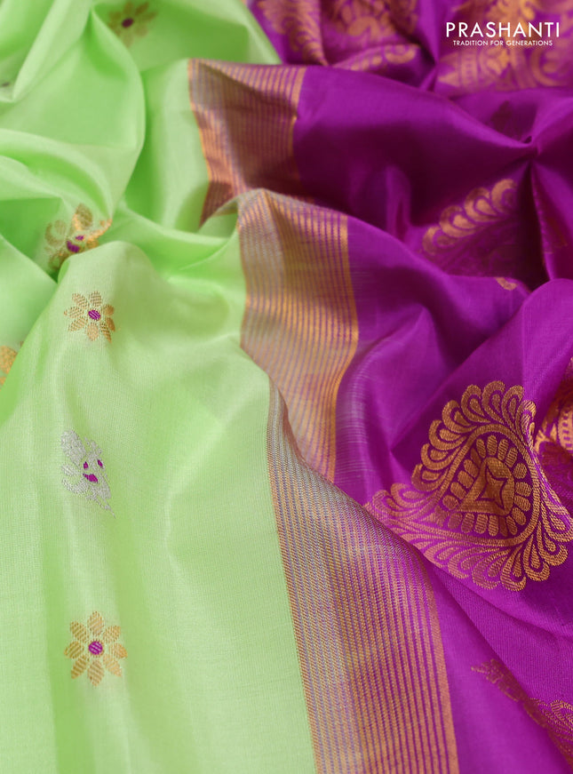 Pure gadwal silk saree pista green and purple with silver & gold zari woven buttas and temple design zari woven border