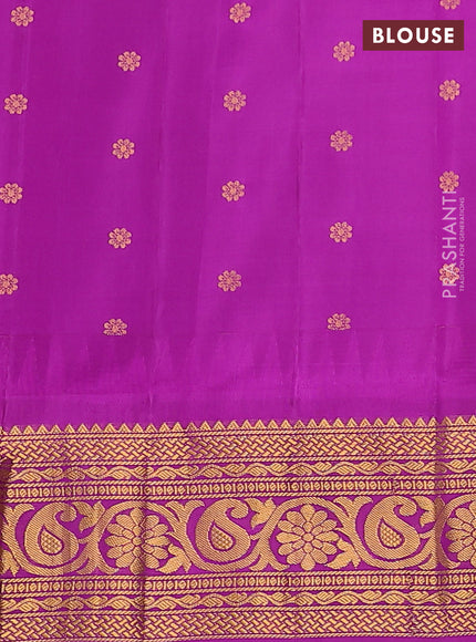 Pure gadwal silk saree pista green and purple with silver & gold zari woven buttas and temple design zari woven border