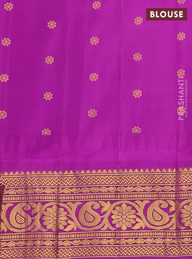 Pure gadwal silk saree pista green and purple with silver & gold zari woven buttas and temple design zari woven border