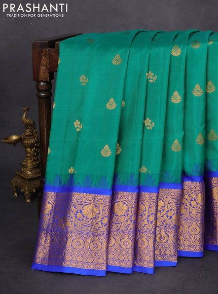 Pure gadwal silk saree green and blue with zari woven buttas and temple design zari woven border