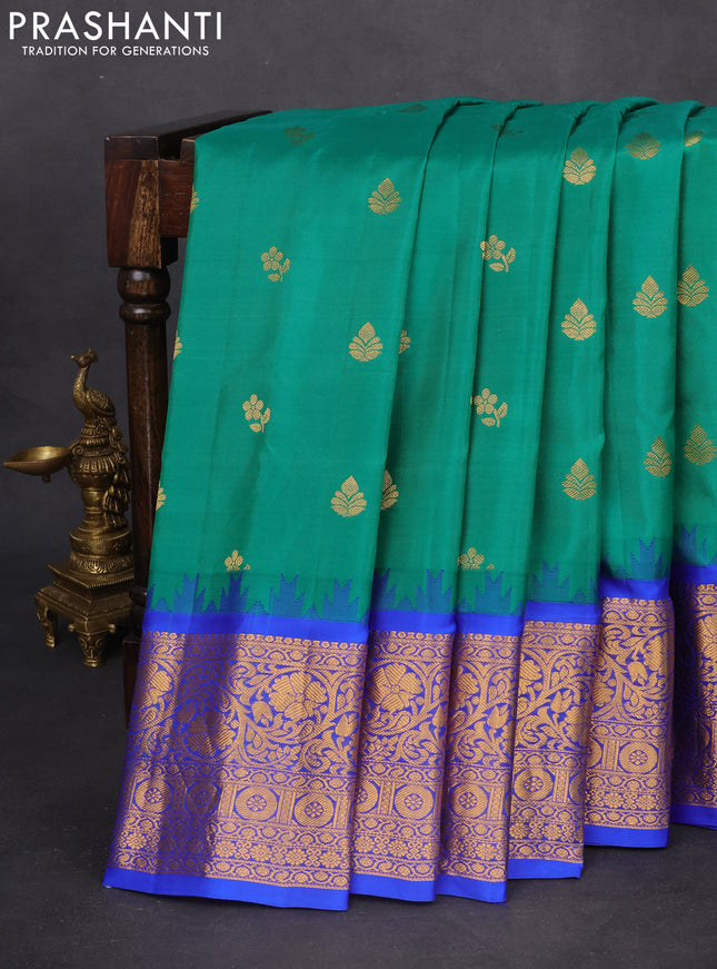 Pure gadwal silk saree green and blue with zari woven buttas and temple design zari woven border