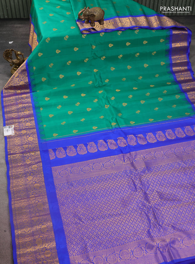 Pure gadwal silk saree green and blue with zari woven buttas and temple design zari woven border
