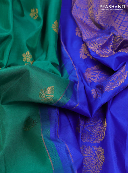 Pure gadwal silk saree green and blue with zari woven buttas and temple design zari woven border