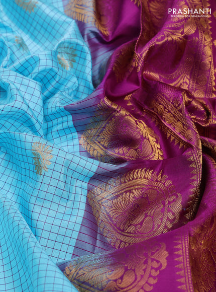 Pure gadwal silk saree light blue and purple with allover checked pattern & zari buttas and temple design zari woven border