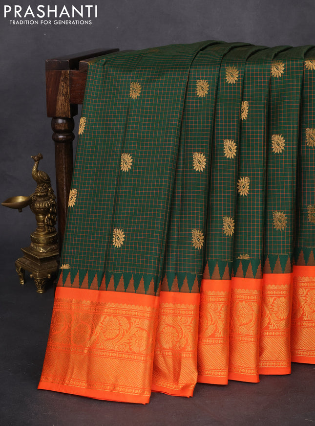 Pure gadwal silk saree bottle green and orange with allover checked pattern & zari buttas and temple design zari woven border