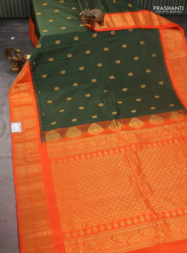 Pure gadwal silk saree bottle green and orange with allover checked pattern & zari buttas and temple design zari woven border