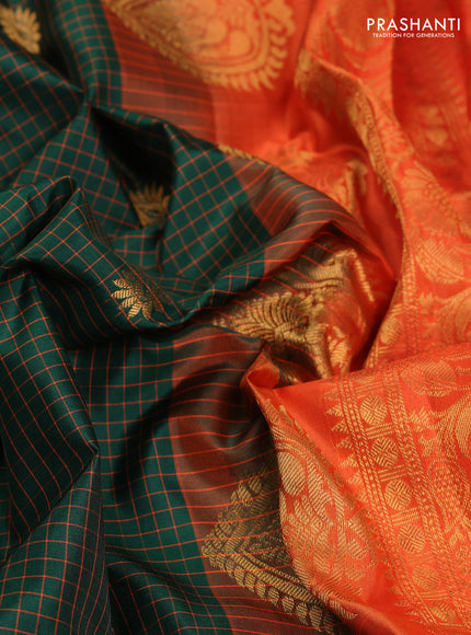 Pure gadwal silk saree bottle green and orange with allover checked pattern & zari buttas and temple design zari woven border