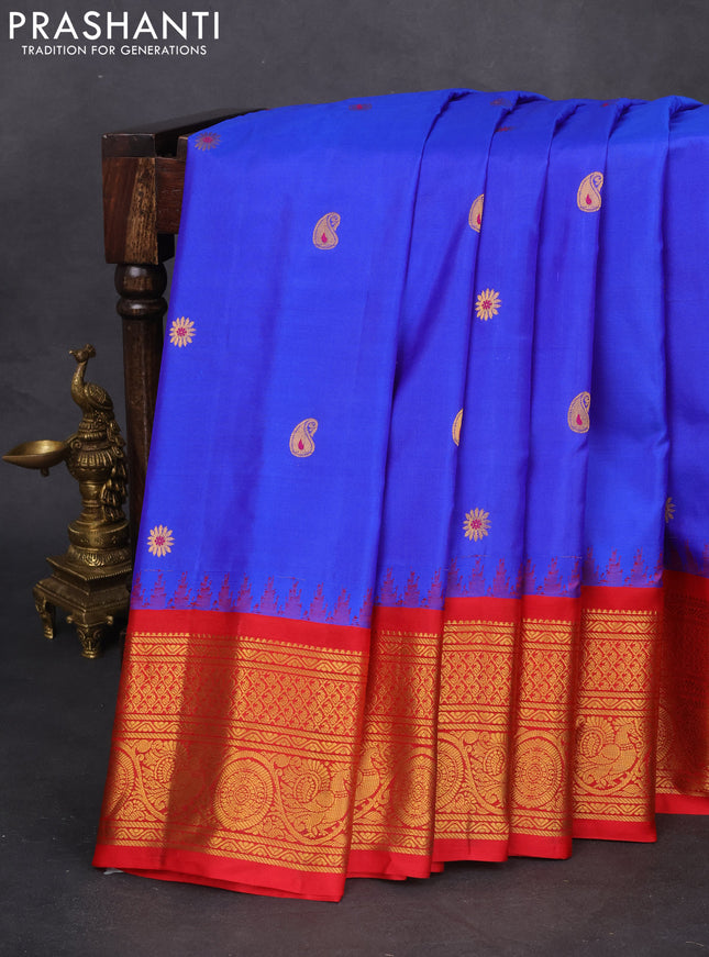 Pure gadwal silk saree blue and red with zari woven buttas and temple design zari woven border