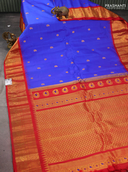 Pure gadwal silk saree blue and red with zari woven buttas and temple design zari woven border