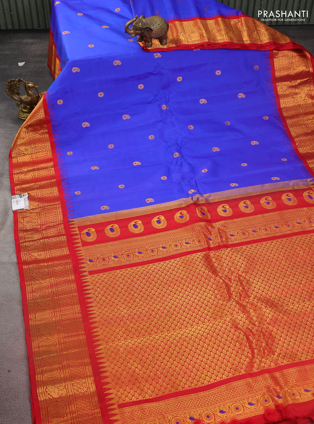 Pure gadwal silk saree blue and red with zari woven buttas and temple design zari woven border