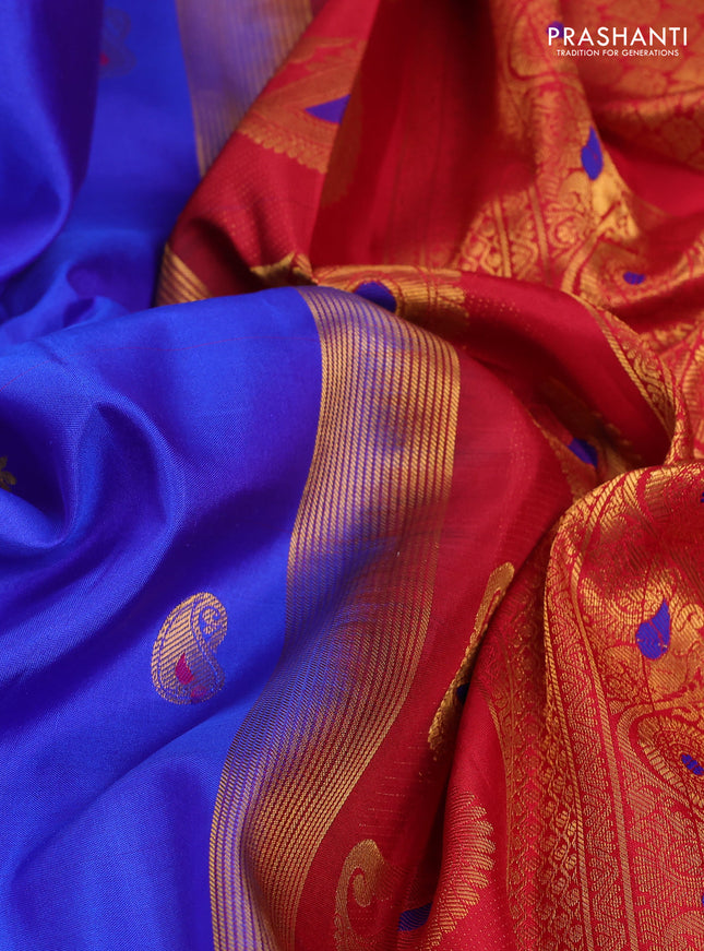 Pure gadwal silk saree blue and red with zari woven buttas and temple design zari woven border