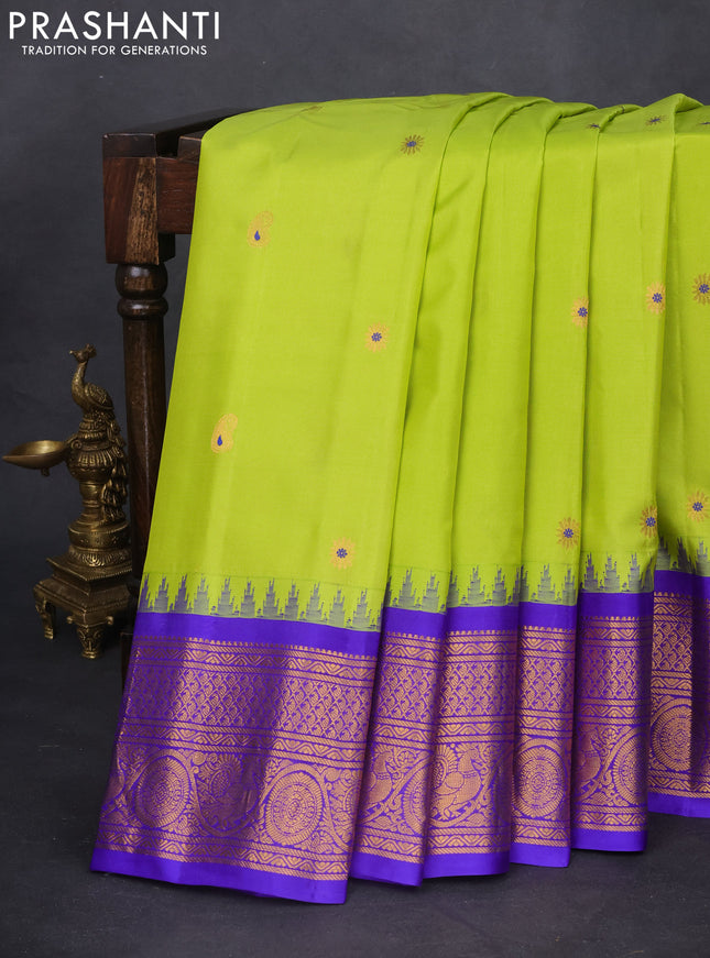 Pure gadwal silk saree light green and blue with zari woven buttas and temple design zari woven border