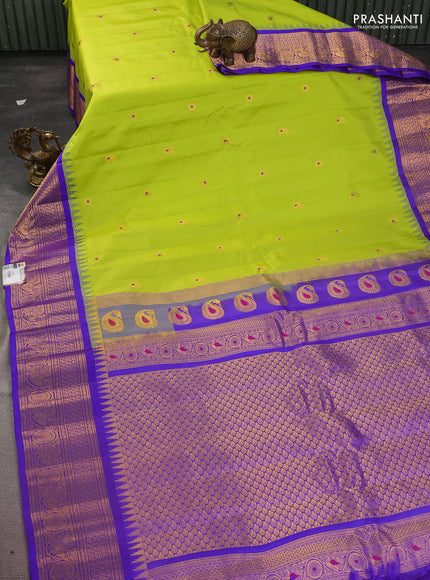 Pure gadwal silk saree light green and blue with zari woven buttas and temple design zari woven border