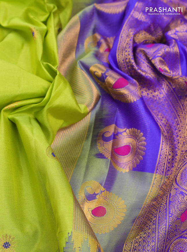 Pure gadwal silk saree light green and blue with zari woven buttas and temple design zari woven border