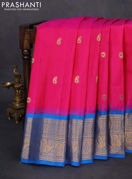 Pure gadwal silk saree pink and cs blue with paisley zari woven buttas and temple design zari woven border