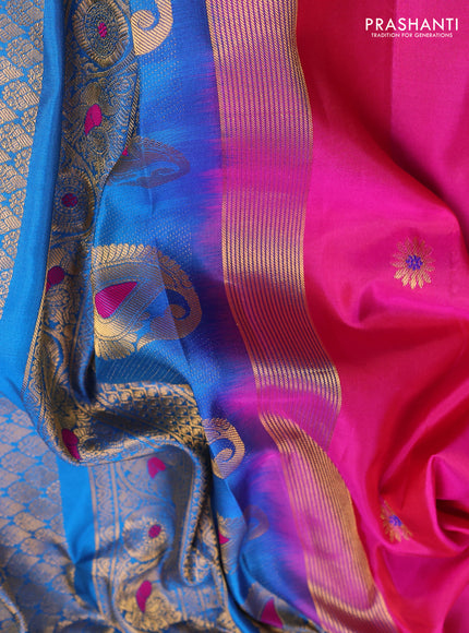 Pure gadwal silk saree pink and cs blue with paisley zari woven buttas and temple design zari woven border