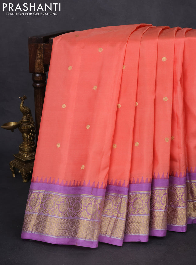Pure gadwal silk saree peach shade and lavender with zari woven buttas and temple design zari woven border