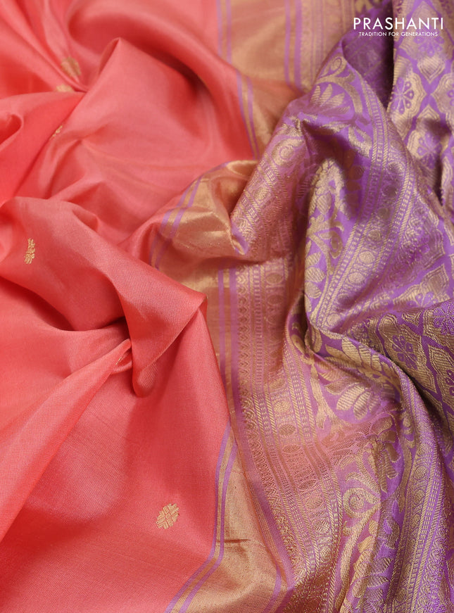 Pure gadwal silk saree peach shade and lavender with zari woven buttas and temple design zari woven border