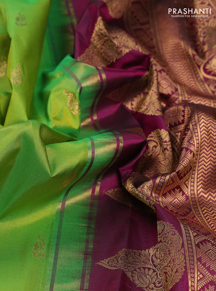Pure gadwal silk saree light green and dark magenta pink with zari woven buttas and temple design zari woven border