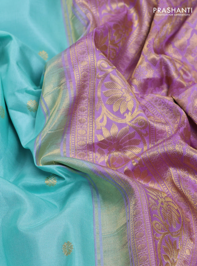Pure gadwal silk saree teal blue and lavender with zari woven buttas and temple design zari woven border