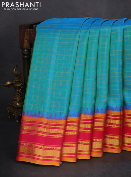 Pure gadwal silk saree dual shade of teal green and pink with allover zari checked pattern and temple design zari woven border
