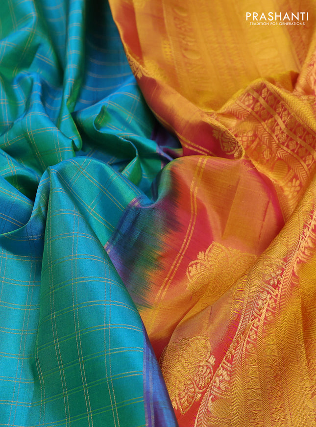 Pure gadwal silk saree dual shade of teal green and pink with allover zari checked pattern and temple design zari woven border