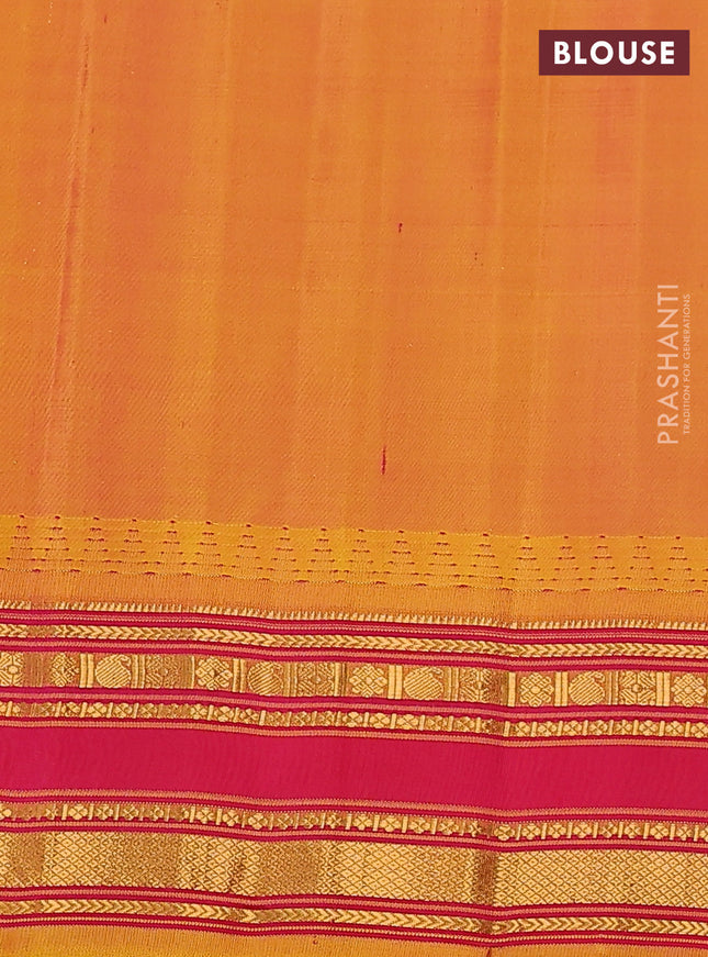 Pure gadwal silk saree dual shade of teal green and pink with allover zari checked pattern and temple design zari woven border