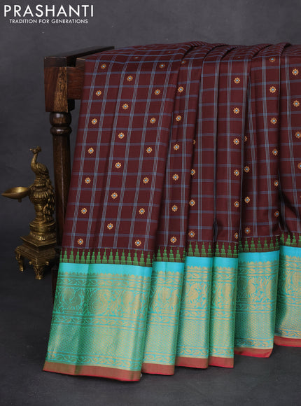 Pure gadwal silk saree coffee brown and teal bluish green with allover checked pattern & zari buttas and temple design zari woven border